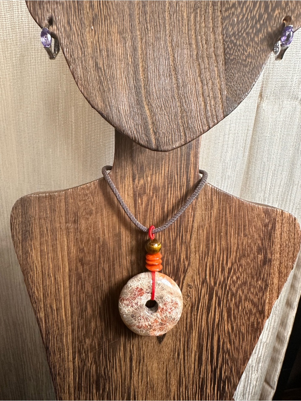 Handcrafted Red and Brown Coral Fossil Donut Pendant Necklace on Brown Rope - Picture 13 of 16